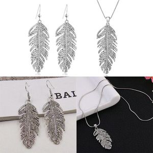 Oorbellen Ketting Lange Blad Drop Dangle Earring Feather Sieraden Set Rhinestone Party