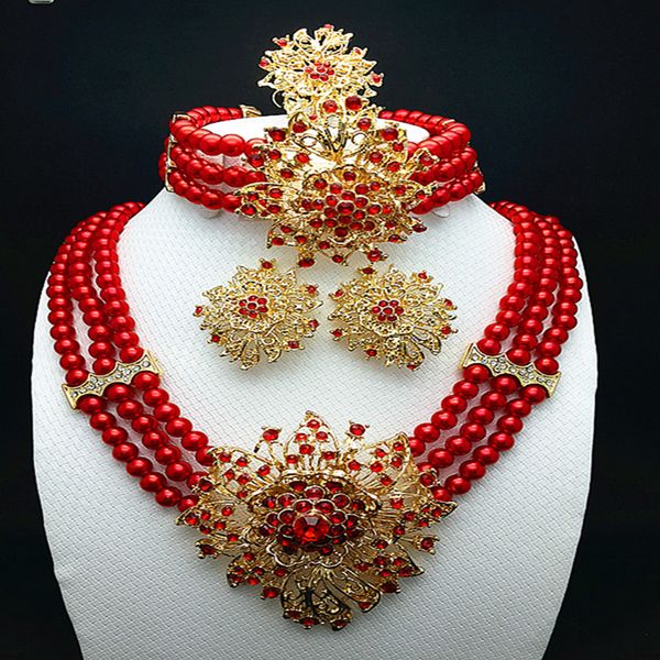 Boucles d'oreilles Collier Longqu 7 jours de livraison US Dubai ensembles de bijoux colorés collier de perles africaines fête de mariage nigériane conception de perles rouges sœurs gifrs 230408