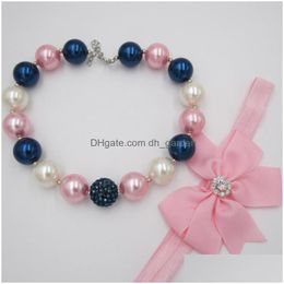 Oorbellen ketting mooie babymeisjes geschenken 20 mm paarsachtige blauwe parel kralen streng dikke bubblegum roze boog elastische kopverbod dhgarden dhmae