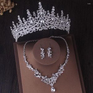 Earrings & Necklace Luxury Baroque Silver Color Crystal Bridal Jewelry Sets Rhinestone Crown Tiara Choker Earring Wedding Dubai SetEarrings