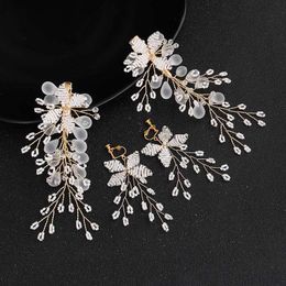 Boucles d'oreilles collier de luxe mariée robe de mariée ensemble de bijoux de cheveux accessoires femmes cristal Clip boucle d'oreille à la main perle fleur broche XH