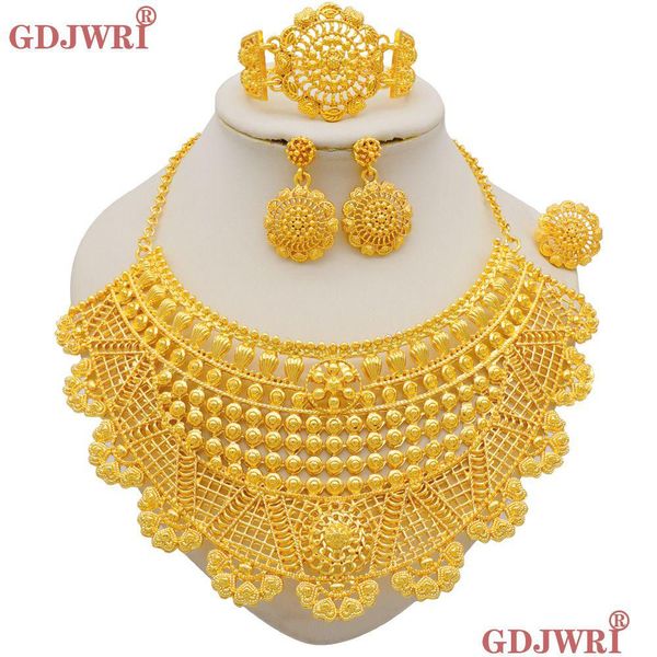 Boucles d'oreilles collier de luxe Dubai couleur or ensembles de bijoux pour femmes indien arabe africain nigérian bijoux de mariée livraison directe Dhew9