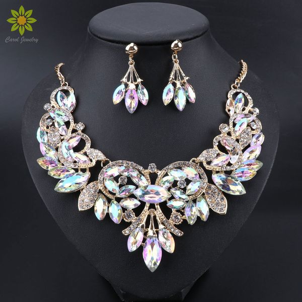 Boucles d'oreilles Collier De Luxe Indien Ensembles De Bijoux De Mariée De Mariage Costume Bijoux Femmes Mode Cadeaux Feuilles Cristal Collier Boucles D'oreilles Ensembles 230410