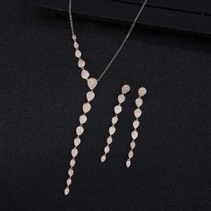 Boucles d'oreilles Collier De Luxe Longue Feuille Pendentif Zircon Cubique Ensembles De Bijoux De Mariage Pour Les Femmes Goutte D'eau Africain Dubaï Brides2pcs J260v