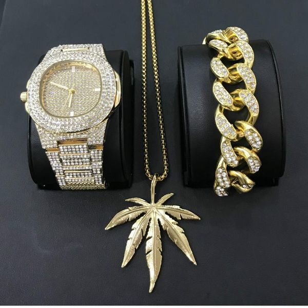 Pendientes Collar Hombres de lujo Color oro plata Reloj Pulsera Combo Conjunto Colgante de hoja cubana Hip Hop para