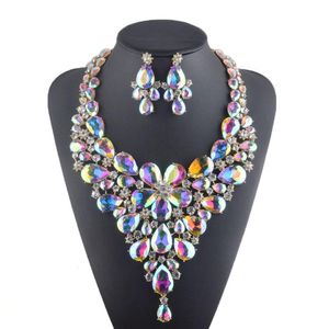 Boucles d'oreilles collier de luxe strass ensemble de mariée cristal AB couleur Aurora soirée bijoux goutte d'eau fleur Style
