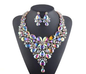 Boucles d'oreilles collier de luxe strass ensemble de mariée cristal AB couleur Aurora soirée bijoux goutte d'eau fleur Style3293873