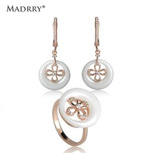 Boucles d'oreilles collier Madrry en céramique pendante bague ensembles de bijoux + Zircon fleur balancent boucle d'oreille porcelaine cuivre mariage pour les femmes