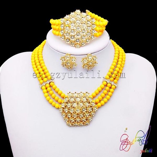 Ensemble de boucles d'oreilles, collier et Bracelet magnétique, bijoux à la mode, perles jaunes, pendentifs en alliage, ensemble de 3 pièces