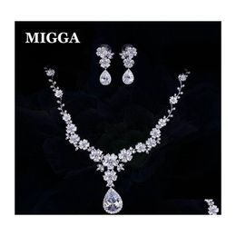 Oorbellen ketting migga hoogwaardige cz kristal bloemwater druppel kubieke zirkonia sieraden set voor vrouwen bruid levering sets dh6lt