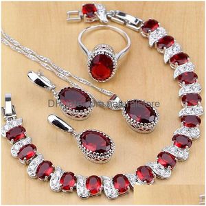 Boucles d'oreilles Collier Naturel 925 Sterling Sier Bijoux Rouge Pierre De Naissance Ensembles De Charmes Femmes Boucles D'oreilles/Pendentif/Collier/Bague/Bracelets T055 J190 Dhi0R