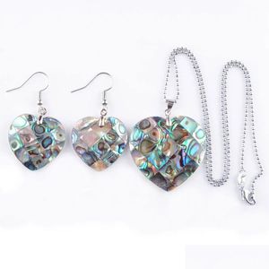 Boucles d'oreilles Collier Naturel Paua Abalone Shell Coeur Ensemble De Bijoux De Mode Pour Les Femmes Cadeau De Fête Perles Dangle Pendentif Crochet Boucle D'oreille Chai Dhbpp