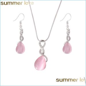 Boucles d'oreilles Collier Nouveau design Collier d'opale rose Boucles d'oreilles et bague Ensemble de bijoux Pierre naturelle Pierre goutte d'eau Boucle d'oreille pour les femmes Delive Dhqh