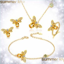 Boucles d'oreilles Collier Nouveau Cristal Jaune Abeille Pendentif Collier Femmes Bijoux Mignon Strass Bracelets Anneaux Boucles D'oreilles Ensemble Or Dr Dhmxv