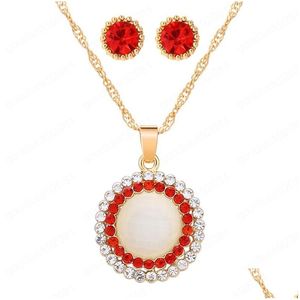 Boucles d'oreilles collier opale pierre ensembles de bijoux couleur or pendentif rond ajouter goujon pour les femmes ensemble de mariée cadeau livraison directe Dhbla