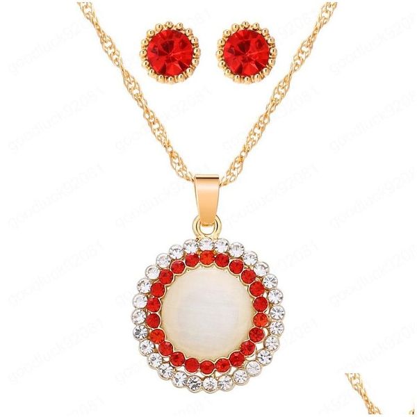 Pendientes Collar Opal Stone Jewelry Sets Gold Color Round Pendant Add Stud For Women Bridal Set Gift Drop Delivery Dhbla