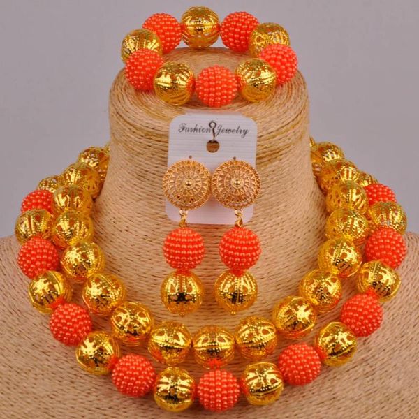 Ensemble de bijoux de Costume Orange, boucles d'oreilles et collier, perles simulées, mariage nigérian, perles africaines pour femmes, FZZ53