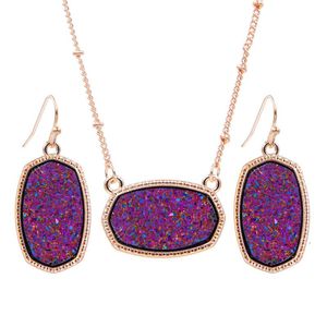 Boucles d'oreilles Collier Ovale Style Résine Druzy Drusy Pendentif Hexagone Druse Charmes Or Rose Goutte De Mode Bijoux Ensemble GiftEarrings