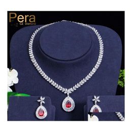 Oorbellen ketting pera klassieke bloemen bruid bruidsfeest sieraden set cz stenen groot rood water drop hangers sets voor vrouwen J0183 del otkc1