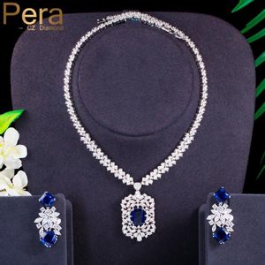 Boucles d'oreilles collier Pera luxe bleu Royal zircon cubique mariage de mariée grand pendentif carré ensembles de bijoux fantaisie pour les femmes J401