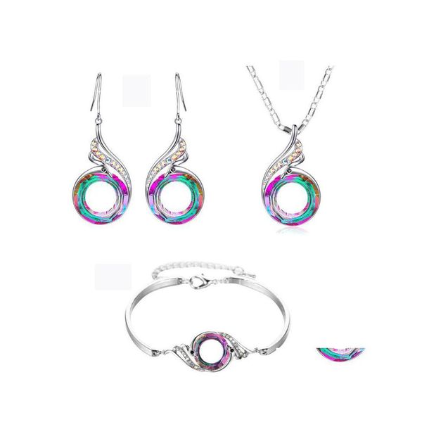 Pendientes Collar Fénix Arco iris Cristal Pavo real Circón Gota Pendiente Pulsera Joyería Juegos de entrega Dhbda