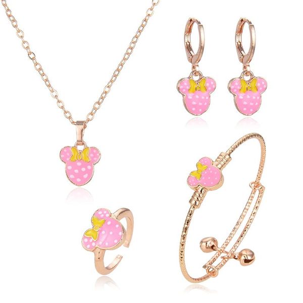 Boucles d'oreilles Collier Rose Mignon Dessin Animé Souris Cuivre Plaqué Or 4 Pièces Ensemble Bracelet Bague Bijoux Enfants