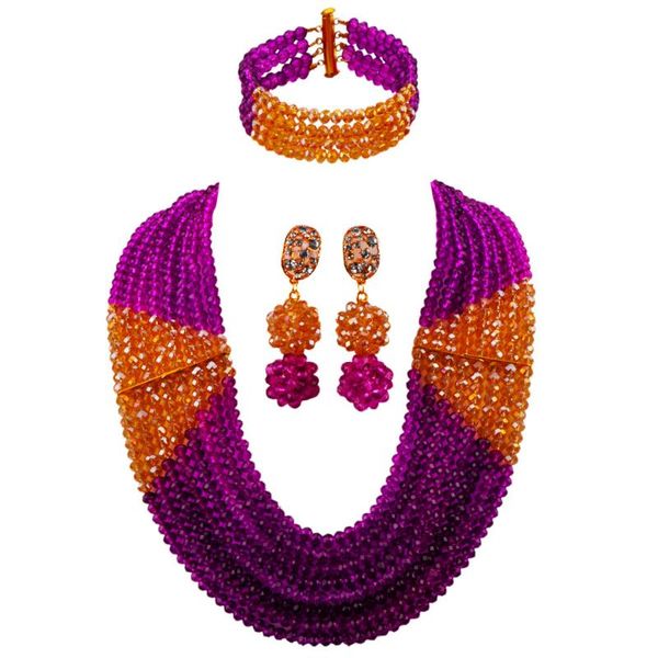 Boucles d'oreilles Collier Purple et Champagne Gold AB Perles Nigérian Africain Mariage Bijoux Bijoux de mariée 8Lbjz09