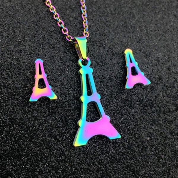 Boucles d'oreilles collier QIAMNI éblouissant coloré en acier inoxydable tour Eiffel ensemble de bijoux célèbre bâtiment boucle d'oreille pour femmes fille Souvenirs cadeau