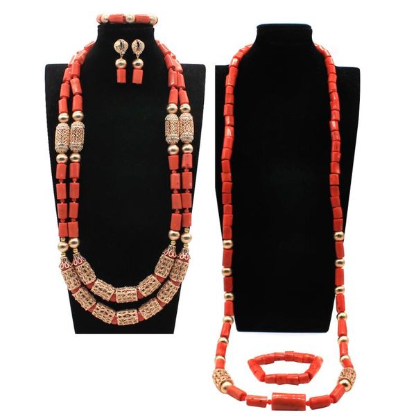 Collier de boucles d'oreilles réelles perles de corail couple de bijoux de bijoux nigérian Africain pour la mariée et le marié CNR379
