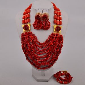 Ensemble de bijoux en corail rouge, boucles d'oreilles et collier, Costume de mariage africain et nigérian, perles de mariée, 230110