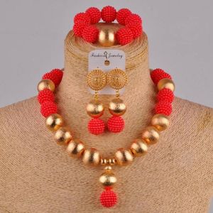 Oorbellen Ketting Rode Mode Afrikaanse Handgemaakte Kralen Nigeria Bruiloft Sieraden Set Imitatie Parel Vrouwelijke Oorbel Armband XX-29257s