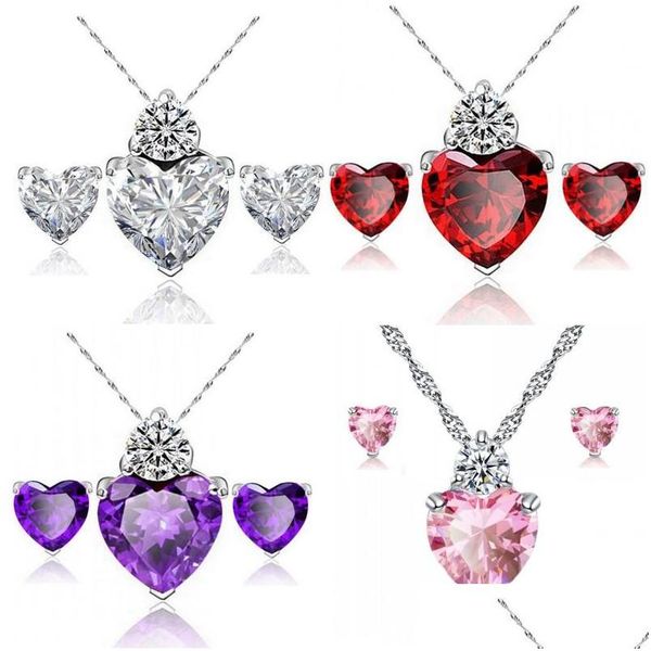 Pendientes Collar Corazón Rojo Conjuntos de Joyas Colgante Mujeres Zircon Diseños Cubic Zirconia Púrpura Blanco Sier Cadena Joyería Nupcial 622 K Dhhpr