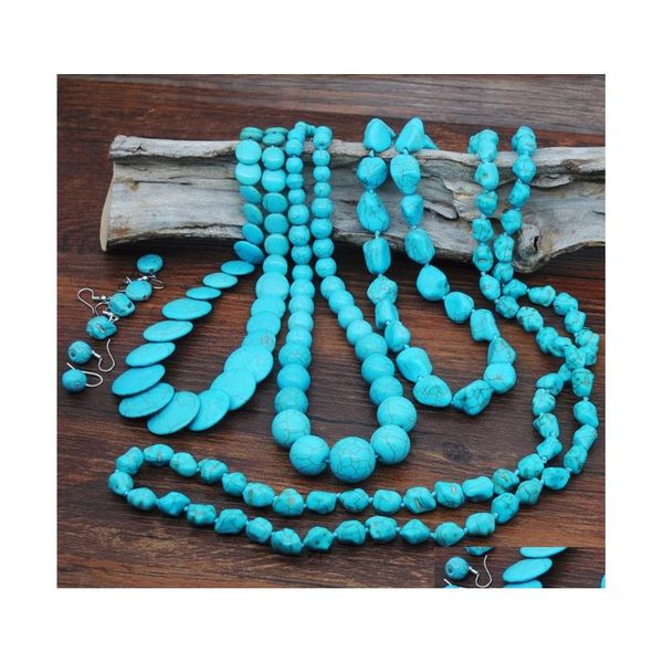 Boucles d'oreilles Collier Rétro Ethnique Vintage Fête Mariage Ensemble Goutte Femmes Bleu Pierre Turquoises Boho Bijoux Ensembles 509 H1 Livraison Dhnjy