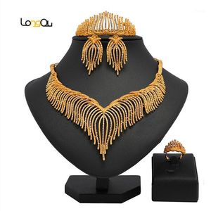 Oorbellen Ketting Rechts 2021 Dubai Gouden Sieraden Set Groothandel Nigeriaanse Vrouw Bruiloft Bridal Merk Verklaring Vrouwen Kostuum