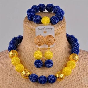 Ensemble de bijoux africains, boucles d'oreilles et collier, bleu Royal et jaune, mode africaine, Costume nigérian en perles simulées, ZZ102944