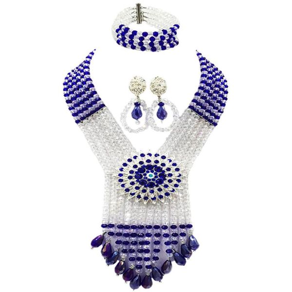 Collier de boucles d'oreilles Royal Blue Clear Ab African Beads Bijoux Set Crystal avec Big Flower Brooches Accessoires de mariage nigérian 6SDLS04