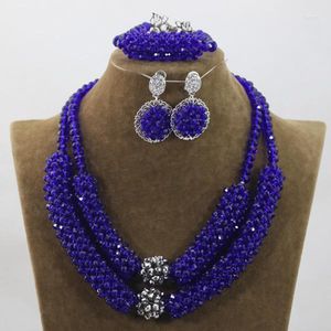 Earrings & Necklace Royal Blue Silver Chunky Crystal Statement Set Women Party Christmas Jewelry Gift WD955Earrings