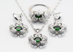 Oorbellen ketting verkopen driedimensionale zilveren kleur groen gemaakt smaragdbloem sieraden sets voor vrouwen ring 678910 JS38517123