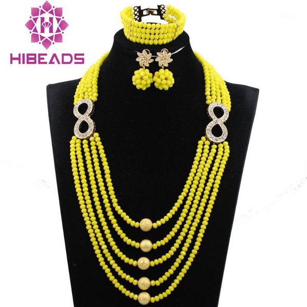 Boucles d'oreilles collier ensemble 2021 perles de mariage nigérian ensembles de bijoux en cristal jaune demoiselle d'honneur africaine livraison gratuiteABH379