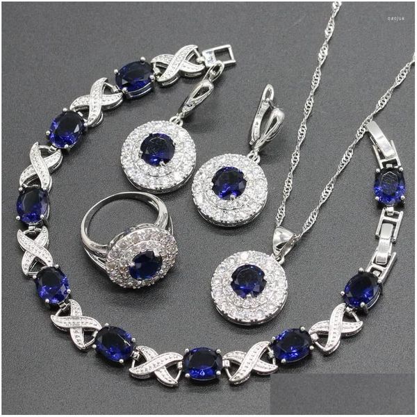 Pendientes Collar Conjunto 925 Sier Para Mujeres Azul Oscuro Semiprecioso Colgante Pulsera Anillo Cuelga Entrega Gota Conjuntos de Joyas Dhgarden Dhnfw