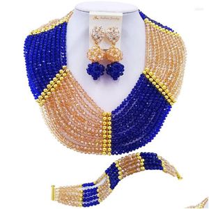 Boucles d'oreilles Collier Ensemble Aczuv Royal Blue Gold Nigérian Perles Africaines Traditionnelles Bijoux 10Cch004 Drop Delivery Sets Dhgarden Dhmdl