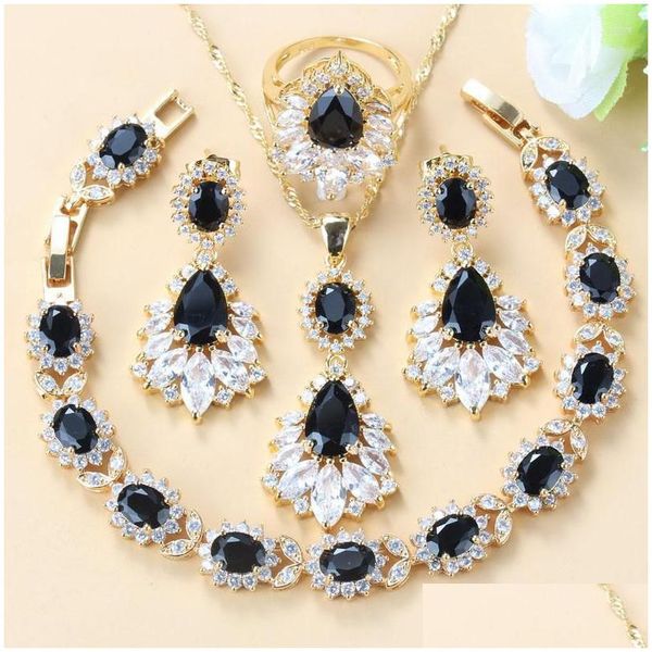 Boucles d'oreilles Collier Ensemble Afrique Femmes Or Jaune Couleur Grand Noir Zircon Blanc Cristal Long Boucles D'oreilles/Bracelet/Anneau Fourp Dhgarden Dhrvx