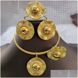 Oorbellen ketting set African Gold Color Sieraden feest geschenken ronde kralen en armband ring s sieraden Nigeriaanse Dubai Access Dhgarden dhks2