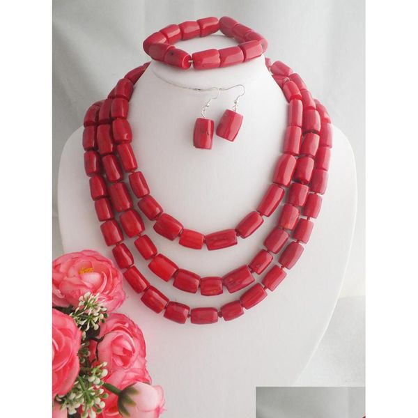 Conjunto de collar de aretes Increíbles cuentas de coral rojo Conjuntos artificiales nigerianos africanos Joyería de entrega directa Dhgarden Dhsoe