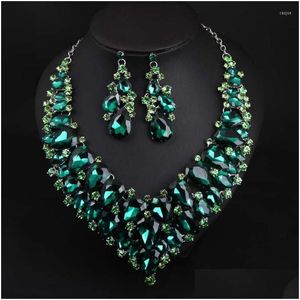 Oorbellen Ketting Set Grote Luxe Groene Waterdruppel Kristal Voor Vrouwen Bruids Dubai Afrikaanse Dames Sieraden Gift Levering Jood Dhgarden Dhakg