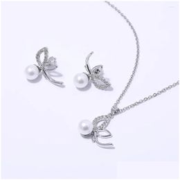 Collier de boucles d'oreilles Ensemble de papillons Perle Pendentif et FL Diamonds Zirconia pour les femmes de bijoux de livraison DROP DHO7M