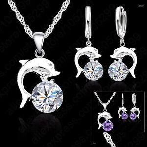 Boucles d'oreilles Collier Ensemble Mignon Belle Dolphine Levier Boucle D'oreille Ensembles 925 Sterling Sier Blanc Violet Cz Pierre Cristal Bijoux Drop Del Dhrod