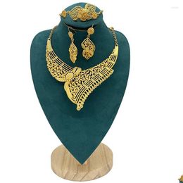 Boucles d'oreilles collier ensemble Dubaï de femmes couleur or 24 carats grandes fleurs luxe africain Habesha bracelets bague ensembles cadeaux de mariée goutte Dhgarden Dhqft