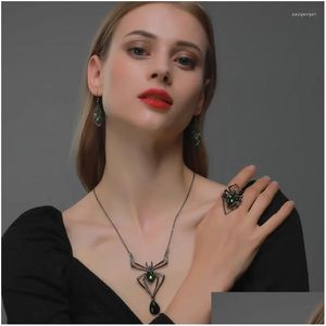 Oorbellen Ketting Set Overdrijven Sieraden Retro Spider Hanger Geometrisch Metaal Groen Kristal Dangle Vrouwen Cool Halloween Drop Delivery Otolj