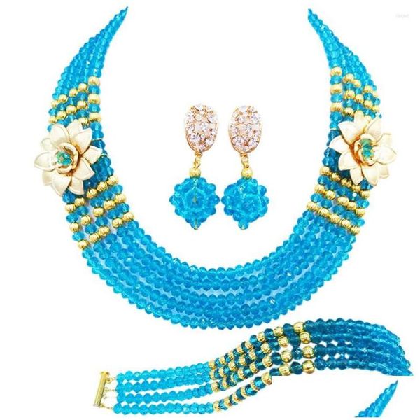 Boucles d'oreilles Collier Ensemble Mode Lac Bleu Cristal Perlé Mti Brins Colliers Ensembles Nigérian Perles Africaines Bijoux 5-Xsh24 Dr Dhgarden Dh0Ti